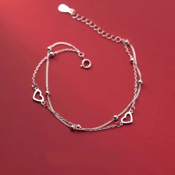 925 Sterling Silver Double Layer Bracelet Heart For Women Sweet Chain St… - Picture 5 of 6